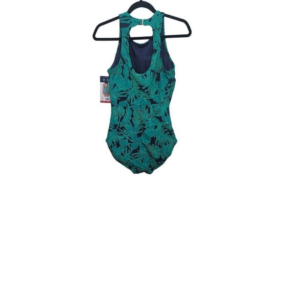 NEW LANDS END WOMEN ONE PIECE SWIMSUIT GREEN/BLUE LEAPS PRINT REMOVABLE CUP SIZE - Picture 4 of 7